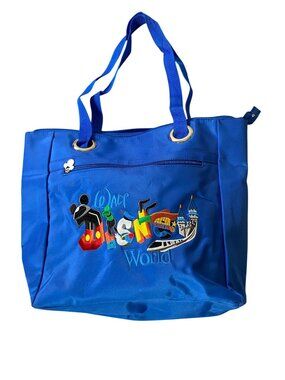 Disney Parks Blue Tote Bag Disney World Embroidered Design & Zip Closure